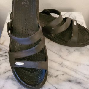 Crocs black wedge slip on sandal